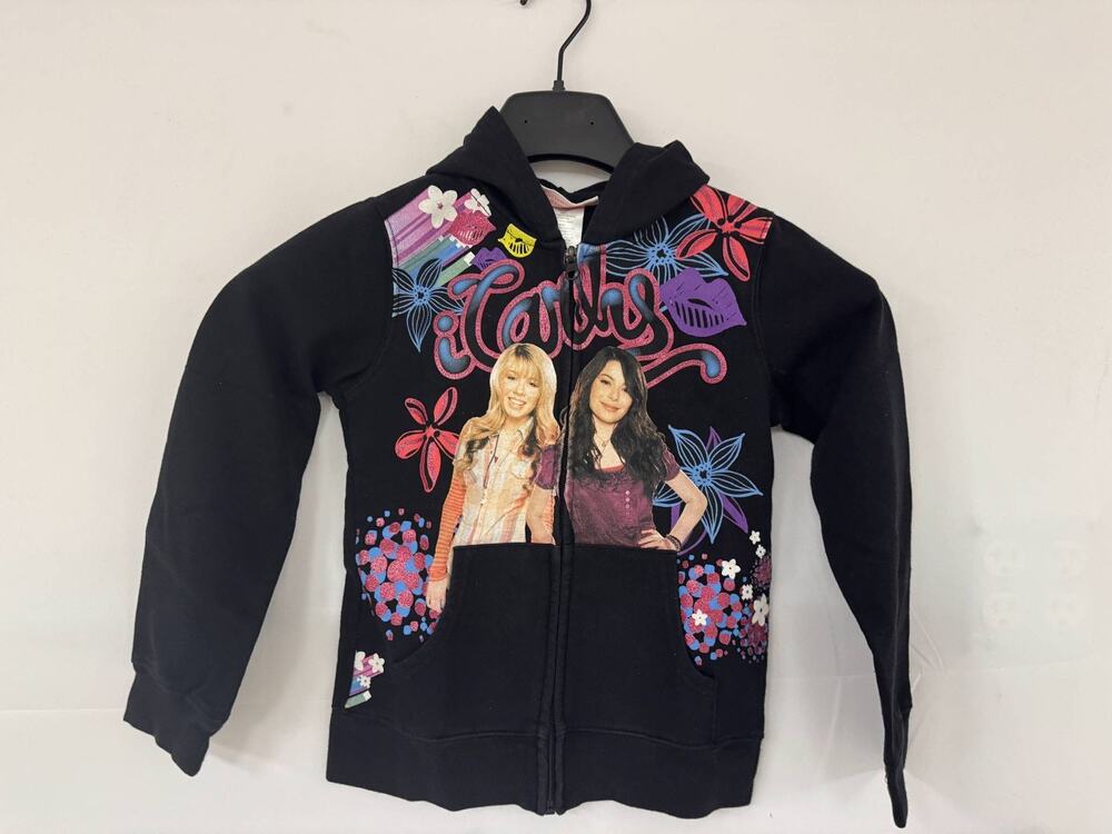 Nickelodeon iCarly Girls Black Zip Up Hoodie Sweatshirt Floral Glitter Size 7/8